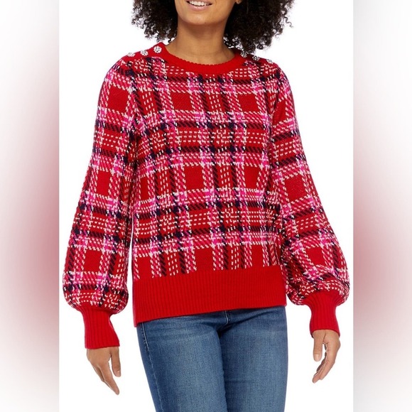Crown & Ivy women’s size large red plaid pullover sweater rhinestone shoulders - Picture 9 of 11